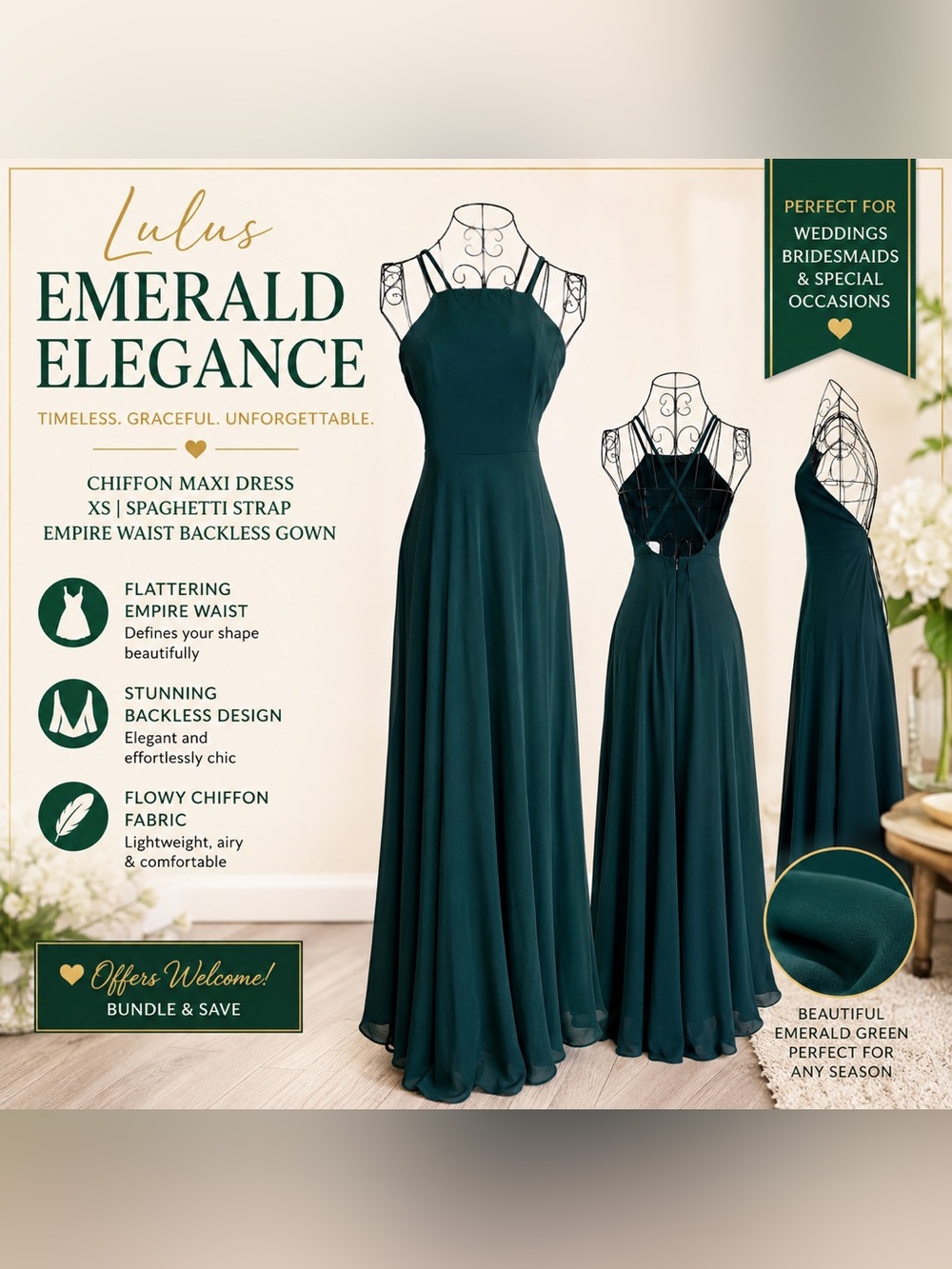 Lulus Emerald Green Chiffon Maxi Dress XS | Backless Spaghetti Strap Formal Gown